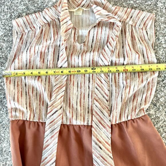 70s Lynn Davis Sz 14 Rust Red Midi Dress Tie Neck Striped Secretary Boho Retro - Picture 11 of 16